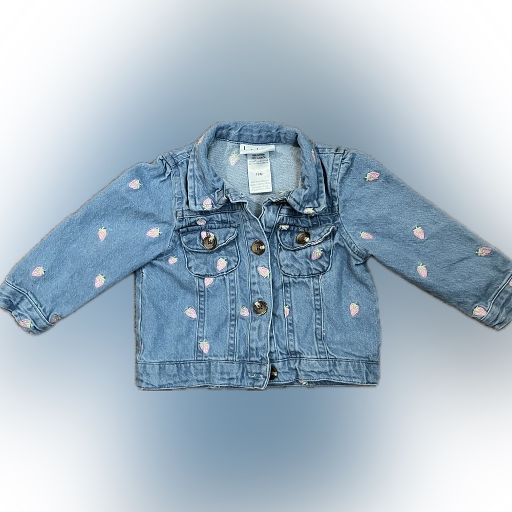 Nicole Miller Girls Strawberry Embroidered Denim Jacket Size 18m Y2K